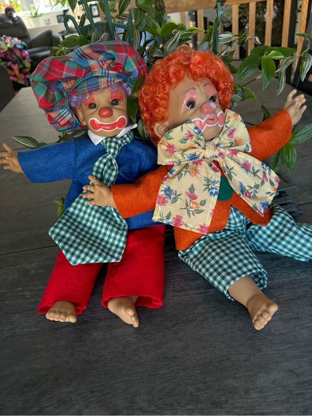 Pair of Colorful Clown Dolls in Orange & Blue Outfits